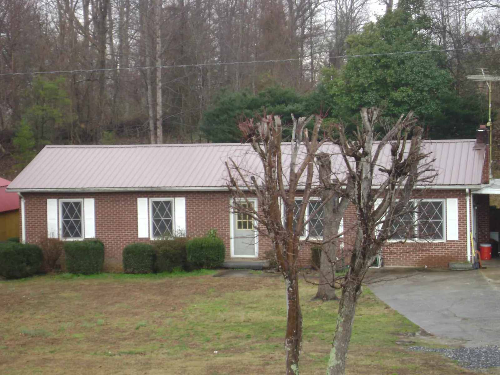Mauve metal roof on a brick ranch home behind bare trees in Inchelium